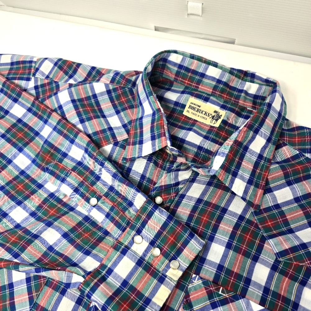 Vintage Roebucks Pearl Snap Plaid Long Sleeve Men's Size 3XL Red Blue Green Read